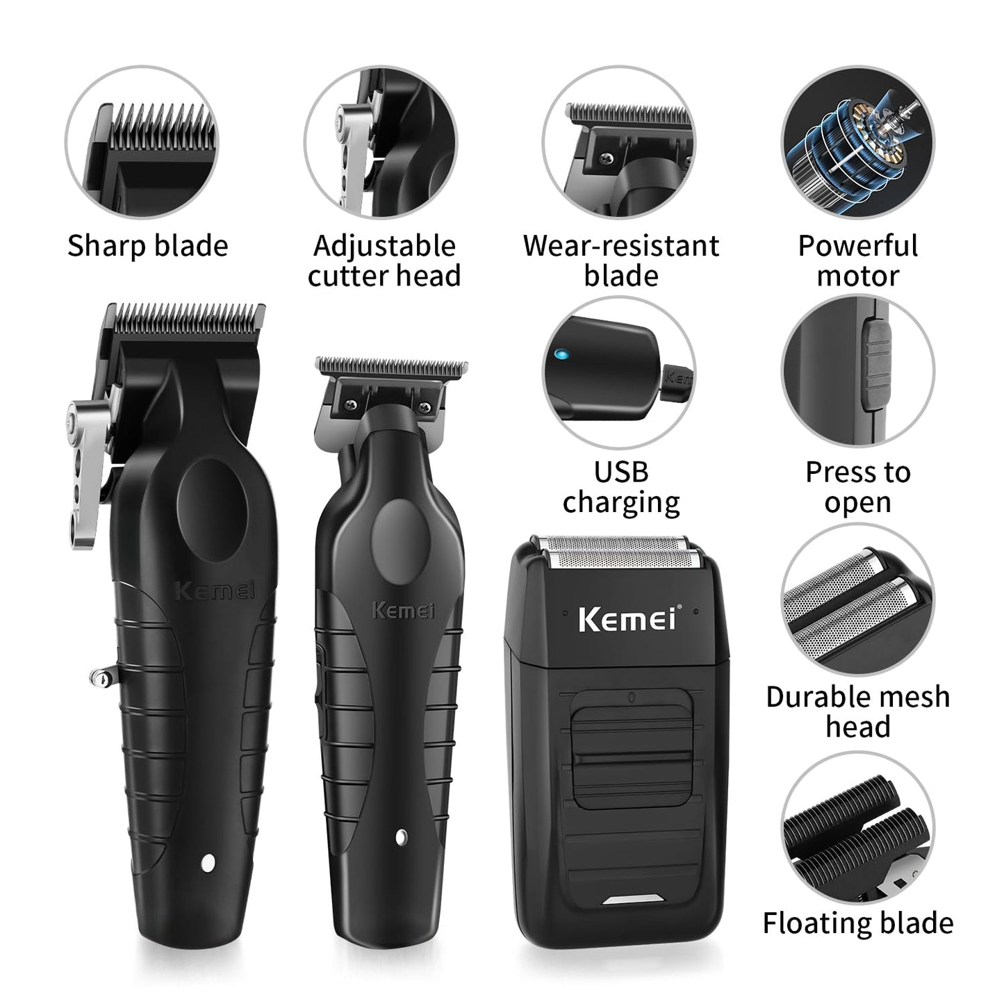 KEMEI Professional Hair Clipper, Hair Trimmer, Beard Shaver Set for Men, Electric Cordless Barber Clipper Beard Trimmer, Rechargeable Fade Clipper Beauty and Personal Care KEMEI