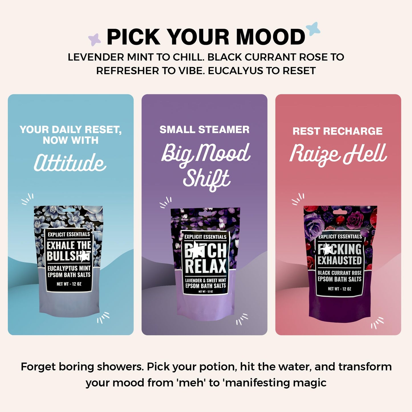 Explicit Essentials Bath Salts Gift Set - 3 Relaxing Epsom Salt Bath Soaks - Aromatherapy Epsom Salt Variety Pack for Stress Relief, Muscle Recovery Beauty and Personal Care Explicit Essentials