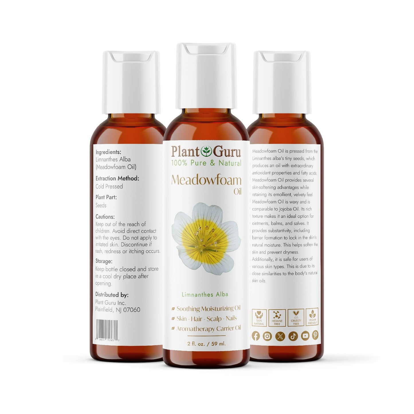 Plant Guru Meadowfoam Oil 2 fl. oz. Cold Pressed 100% Pure Natural Carrier - Skin, Face, Body, and Hair Moisturizer. Ideal for DIY Creams, Lotions Beauty & Personal Care Plant Guru