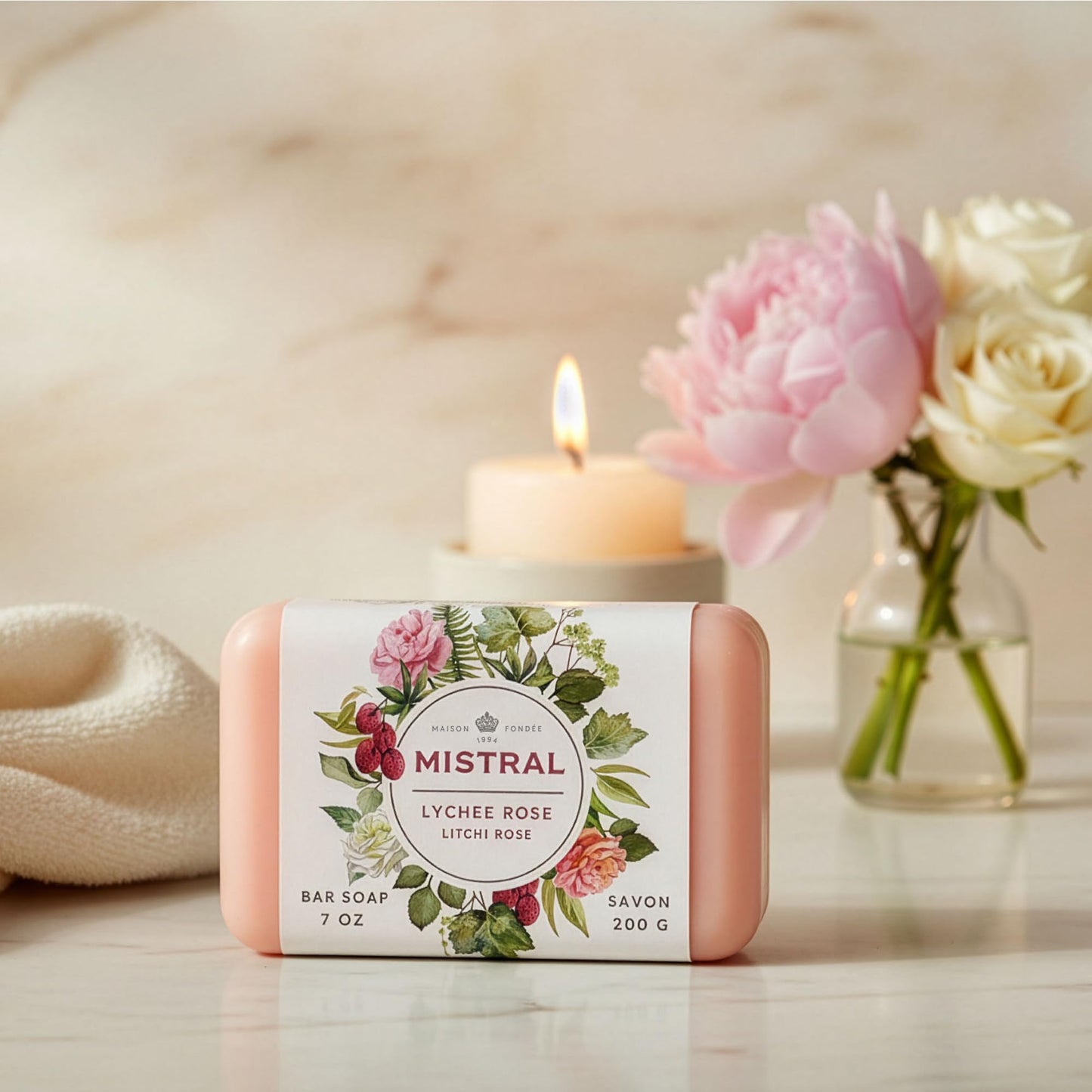Mistral Classic French Bar Soap, Lychee Rose, 7 oz - Triple-Milled Luxury Natural Soap with Organic Shea Butter & Olive Oil | Long-Lasting Beauty & Personal Care Mistral
