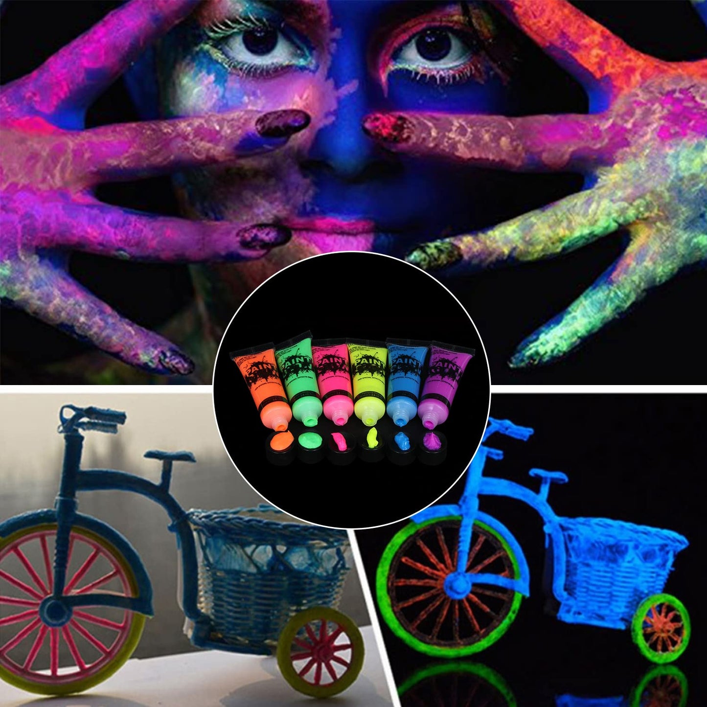 Amareu Glow in Dark Body Paint Body&Face Glow Backlight Neon Fluorescent 0.34oz Set of 6 Tubes Beauty & Personal Care Amareu