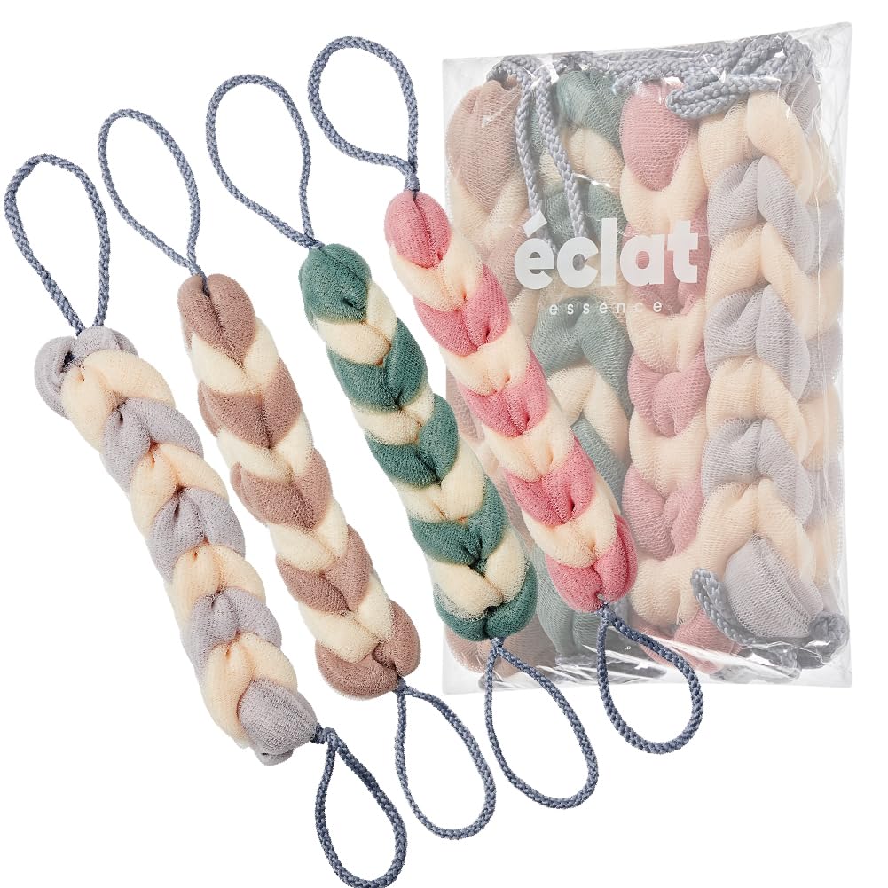 Éclat Long Stretch Back Loofah, Braided Mesh Shower Sponge with Rope Handles, Exfoliating Body Scrubber, Long Handle Bath Pouf for Deep Cleansing Beauty and Personal Care Éclat