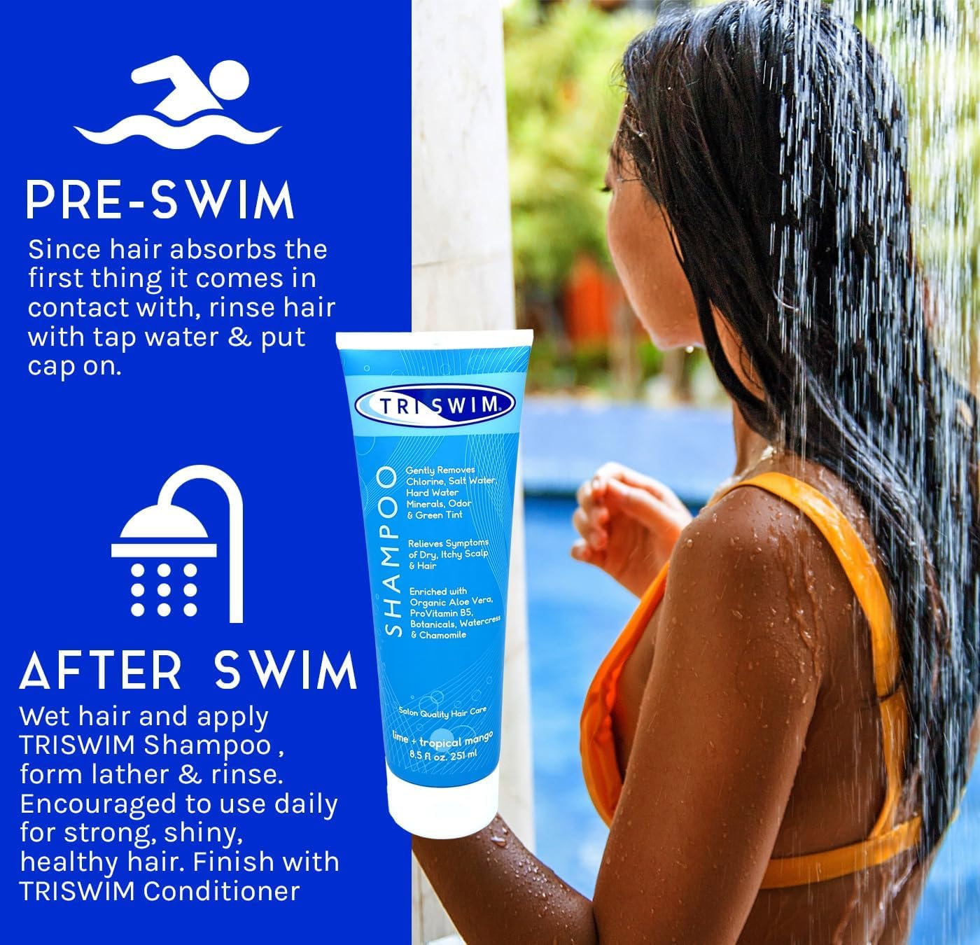 TRISWIM Chlorine Removal Shampoo 8.5 Fl Oz | Gently Removes Chlorine, Salt Water, and Hard Water Buildup | Relieves Dry and Itchy Scalp | Enriched Beauty & Personal Care TRISWIM