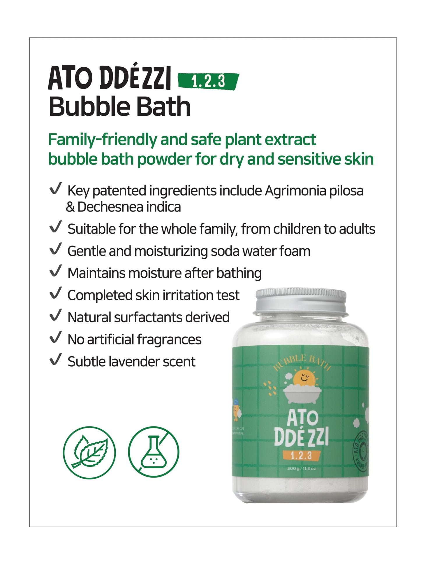 Atoddézzi 123 Bubble Bath Powder 300g/11.30oz. Natural Rich Foam Bubble, Hot Bath, EWG Green, Moisture and Nutrients, for All Ages from Children Beauty and Personal Care atoddézzi