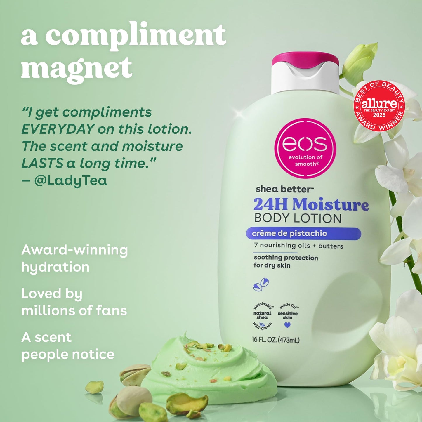 eos Shea Better Body Lotion- Crème de Pistachio, 24-Hour Moisture Skin Care, Lightweight & Non-Greasy, Made with Natural Shea, Vegan, 16 fl oz Beauty and Personal Care eos