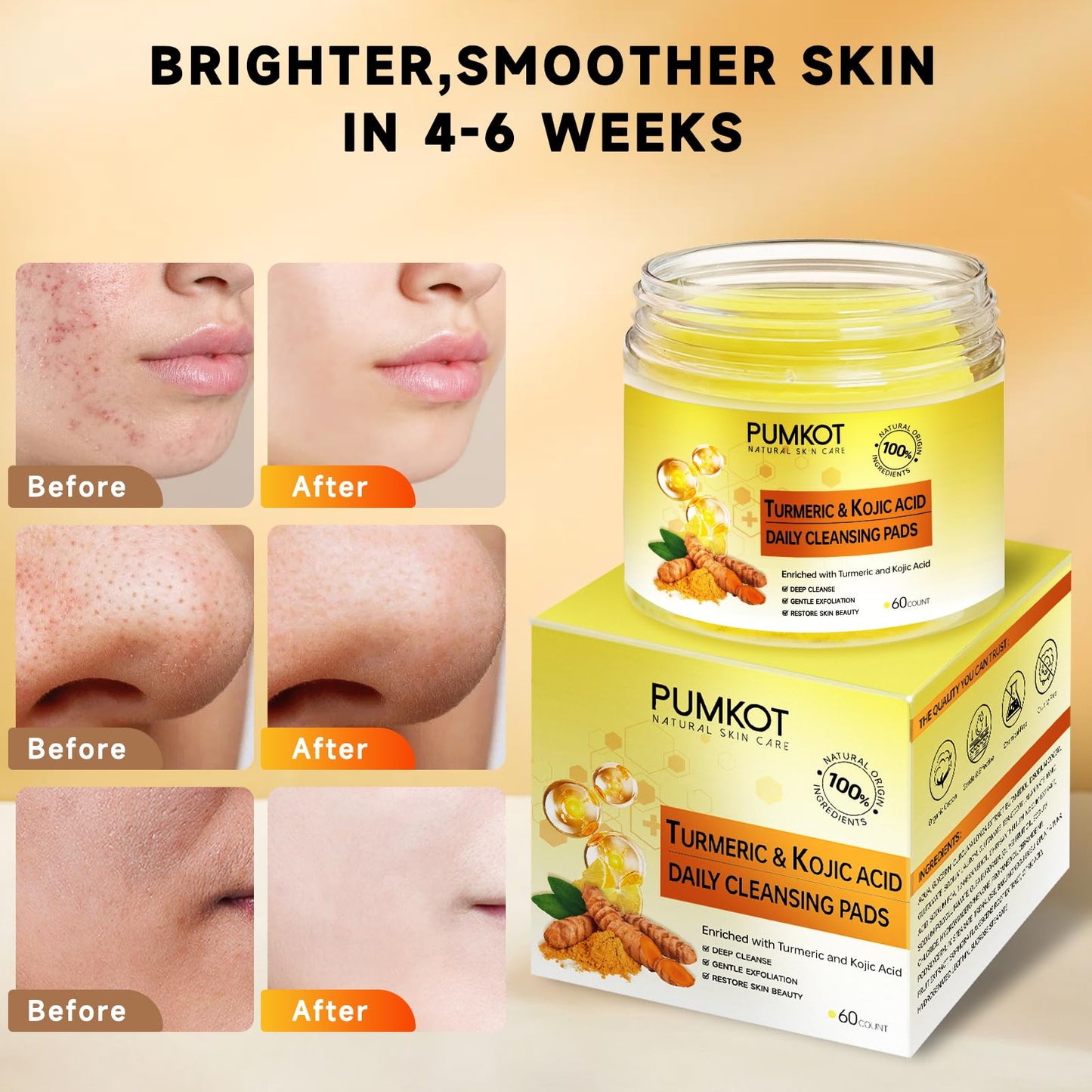 Pumkot Turmeric Kojic Acid Cleansing Pads, Turmeric Face Scrub Pads Enriched with Kojic Acid, 60PCS Beauty & Personal Care Pumkot
