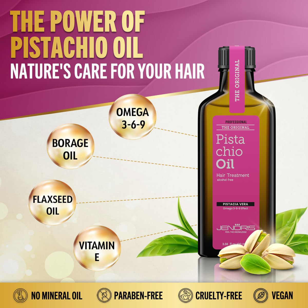 Jenoris Pistachio Oil Hair Serum for Frizzy and Damaged Hair, Lightweight Hair Oil for Dry Hair with Omega 3-6-9 Complex, Anti-Frizz Hair Serum for