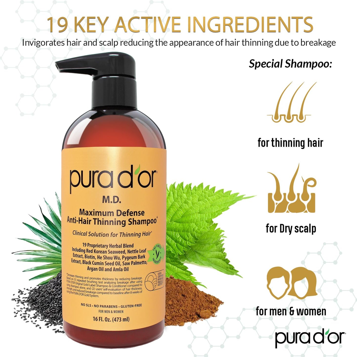 PURA D'OR MD Anti-Thinning Biotin Shampoo & Conditioner Set 16oz x2 – Coal Tar Herbal Blend for Thicker Hair & Scalp Health, Men & Women Beauty & Personal Care PURA D'OR