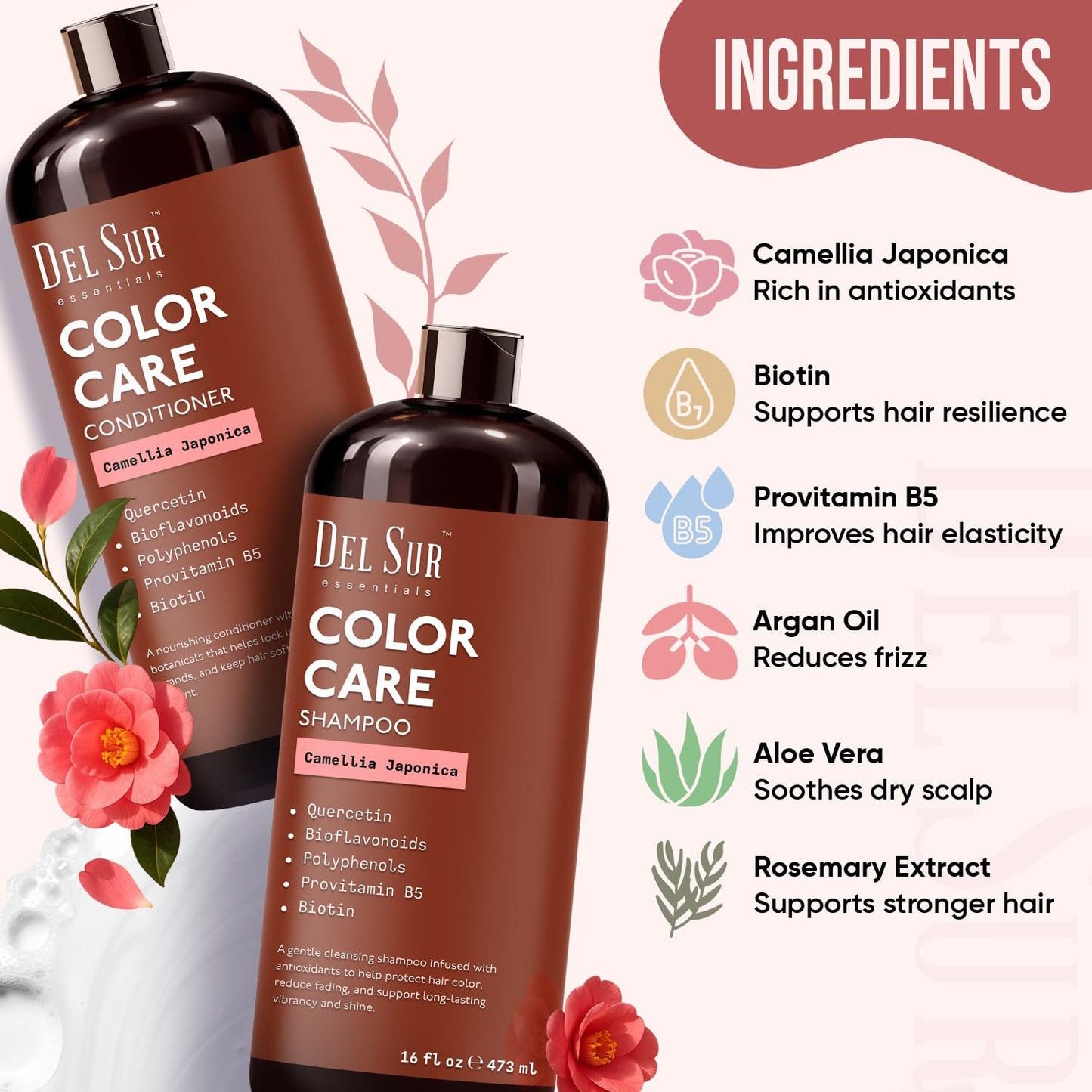 DEL SUR Color Safe Shampoo and Conditioner Set for Color Treated Hair | Camellia Japonica, Quercetin & Biotin | Anti-Frizz & Hydrating | 16 fl oz Each Beauty & Personal Care DEL SUR