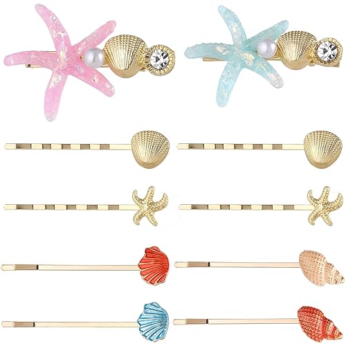 HINZIC 10 Pack Mermaid Starfish Hair Clips, Seashell Pearls Crystal Hair Sticks, Sparkling Sea Star Bobby Pins Ponytail Holder, Faux Wedding Headpiece Beauty & Personal Care HINZIC