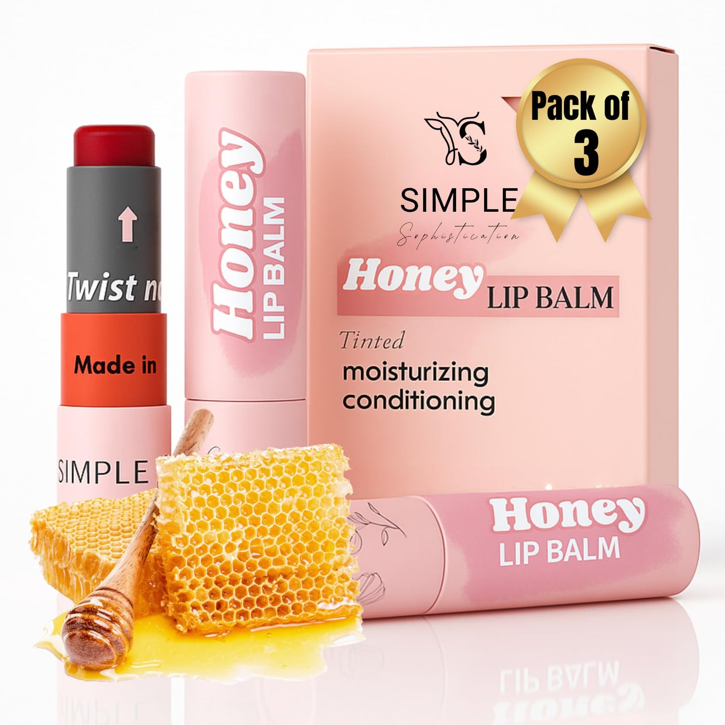 Natural Honey Lip Balm - 100% Grassfed Beef Tallow, Natural Raw Honey & Argan Oil - Ultra Moisturizing, Conditioning, Chemical Free - 3 Pack (3x0.15 Beauty and Personal Care Simple Sophistication
