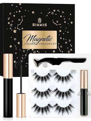 Sikkis Magnetic Eyelashes with Eyeliner - Magnetic Eyeliner and Lashes Kit, 5D Faux Mink Lashes,Eyelashes Long Reusable False Lashes (3 Pairs) Beauty & Personal Care Sikkis