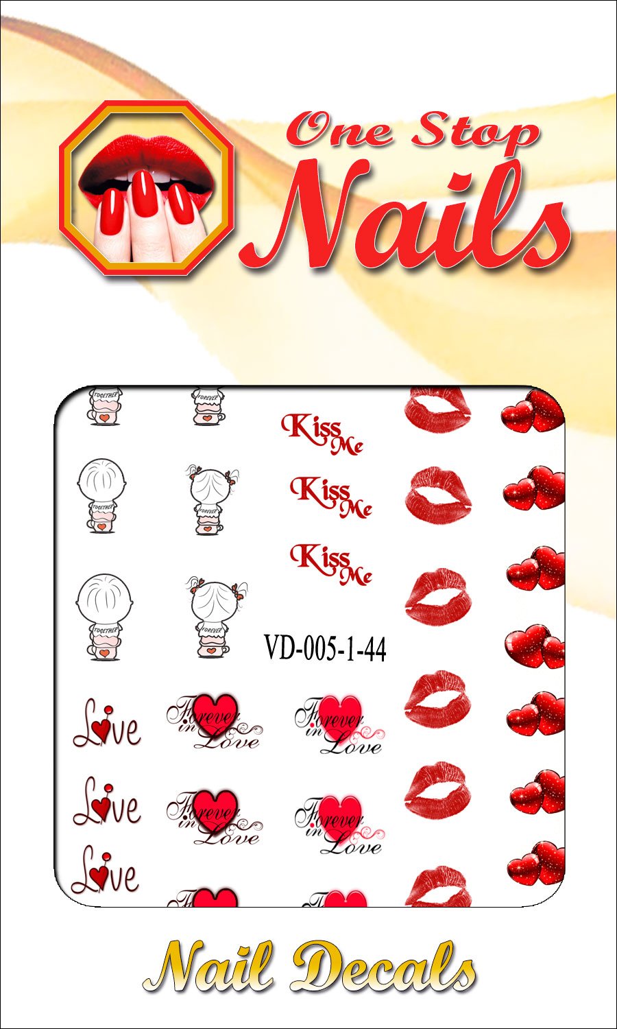 Valentine Nail Art Decals. Valentine Hearts, Boy, Girl, Kisses, Love Nail Art. Set of 36 Waterslide nail art decals. VD005-36 by One Stop Nails