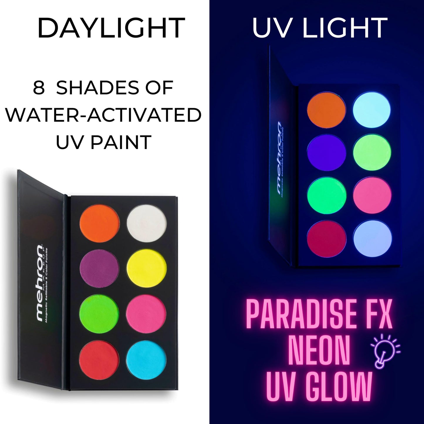 Mehron Paradise FX Neon UV Glow 8 Color Palette | Magnetic Refillable Special Effects Paint Palette | Professional Water Activated Paint for Raves Beauty & Personal Care Mehron