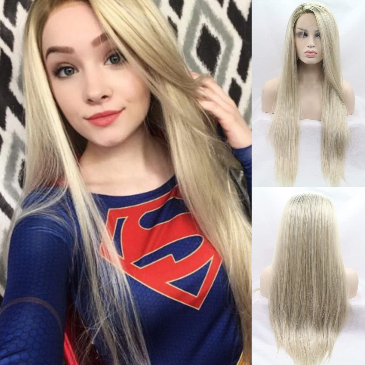 Ombre Blonde Wig Long Silky Straight Blonde Lace Front Wigs for Women Natural Hairline Dark Roots Long Lace Wig Glueless Synthetic Heat Resistant