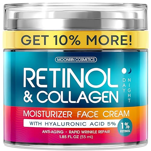 Retinol Cream for Face with Hyaluronic Acid, Day-Night Anti-Aging Moisturizer for Women, Men, Collagen Cream for Face Reduces Wrinkles, Dryness, 1.85 Beauty & Personal Care MOONRIN COSMETICS