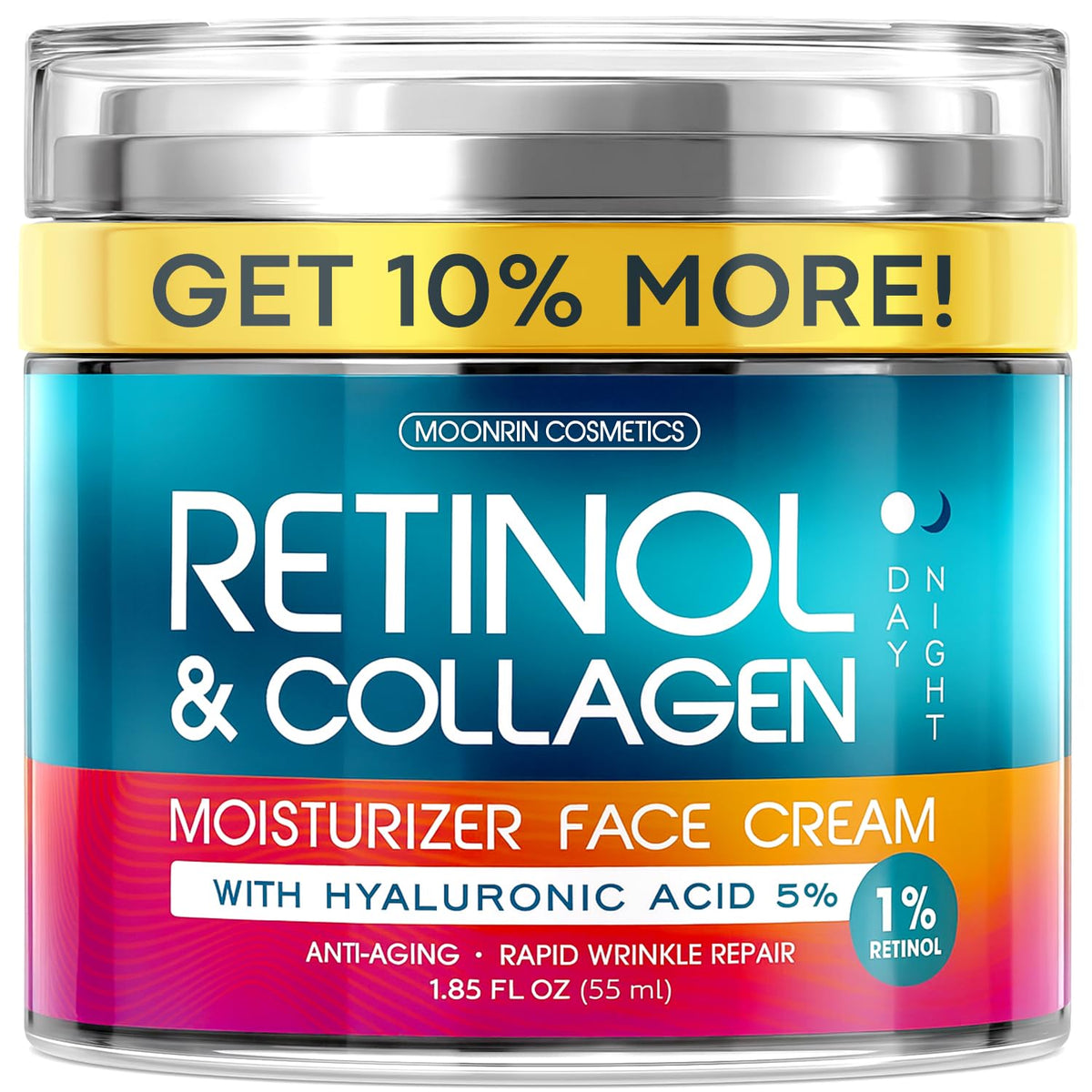Retinol Cream for Face with Hyaluronic Acid, Day-Night Anti-Aging Moisturizer for Women, Men, Collagen Cream for Face Reduces Wrinkles, Dryness, 1.85 Beauty & Personal Care MOONRIN COSMETICS