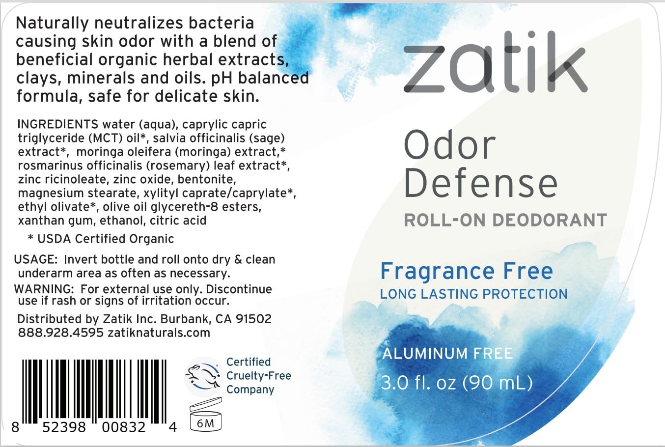 Zatik Naturals - Odor Defense Deodorant Roll On, Unscented Herbal Refresh, Cruelty free, Vegan, pH Balanced, Biodegradable, FREE FROM Aluminum Beauty and Personal Care Zatik