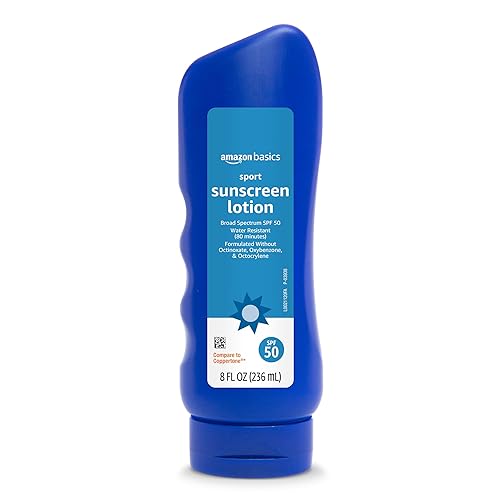 Amazon Basics Sport Sunscreen Lotion SPF 50, Water Resistant (80min), Formulated without Octinoxate & Oxybenzone, Broad Spectrum UVA/UVB Protection, 8 Beauty & Personal Care Amazon Brand - Solimo