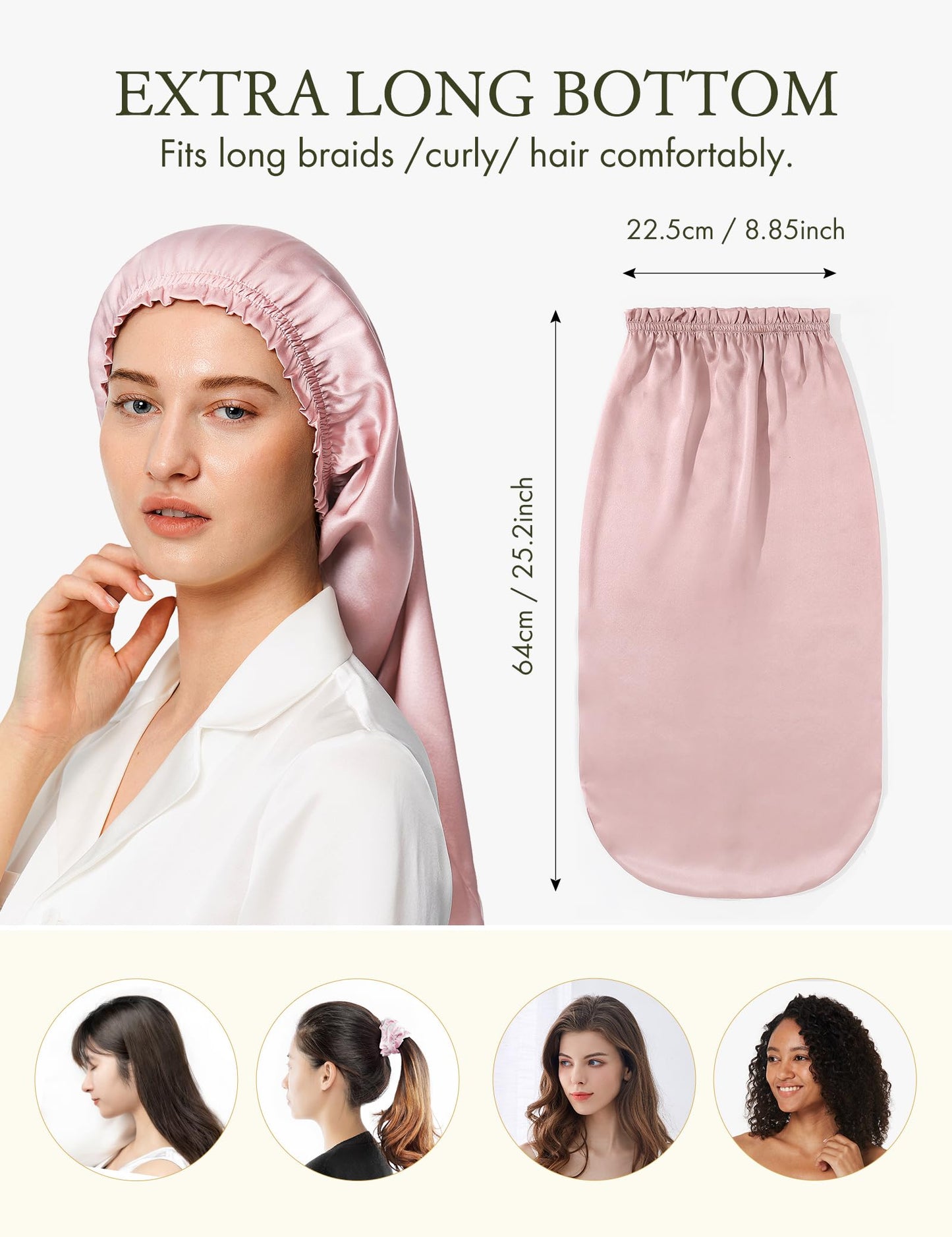 LilySilk Extra Long Silk Bonnet Sleep Cap for Women Soft Adjustable Hair Bonnet for Braids,Curly,Long Hair- Soft Elastic Band, Rosy Pink Beauty and Personal Care LilySilk