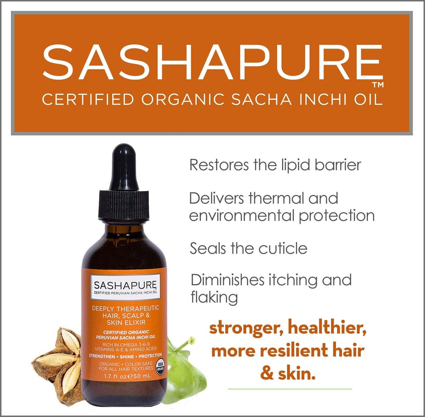 SASHAPURE Deeply Therapeutic Hair Scalp & Skin Elixir, Organic Hair Serum with Sacha Inchi Oil - Strengthen, Shine, Protection, 1.7 fl.oz. Beauty & Personal Care Sashapure
