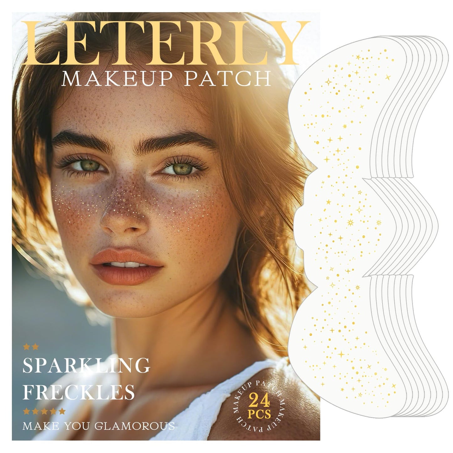 Leterly 24 Pcs Glitter Freckles Face Tattoo,Gold Face Glitter Makeup Patches Cute Sparkle Freckles Patches Waterproof Makeup Speckles for Face Beauty & Personal Care Leterly