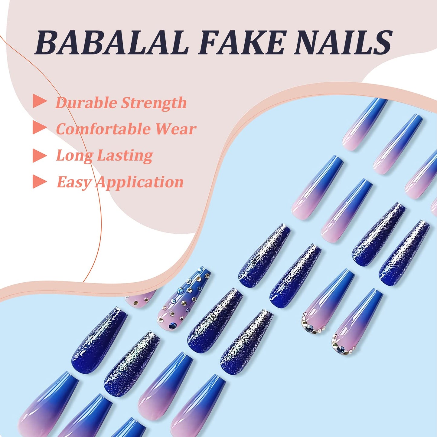 BABALAL Coffin Press on Nails Long Fake Nails with Nail Glue Blue Purple Glue on Nails 24Pcs Glitter Acrylic Nails Ballerina Stick on Nails Beauty & Personal Care BABALAL