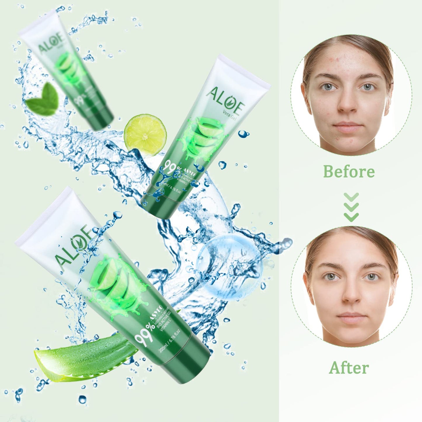 ASYBO 200x2 ML Aloe Vera Gel - 99% Organic Pure Aloe Vera Hydrating Face & Body Moisturizer, Natural Aloe Cream for Dry Skin, Sunburn, Acne, Soothing Beauty & Personal Care ASYBO