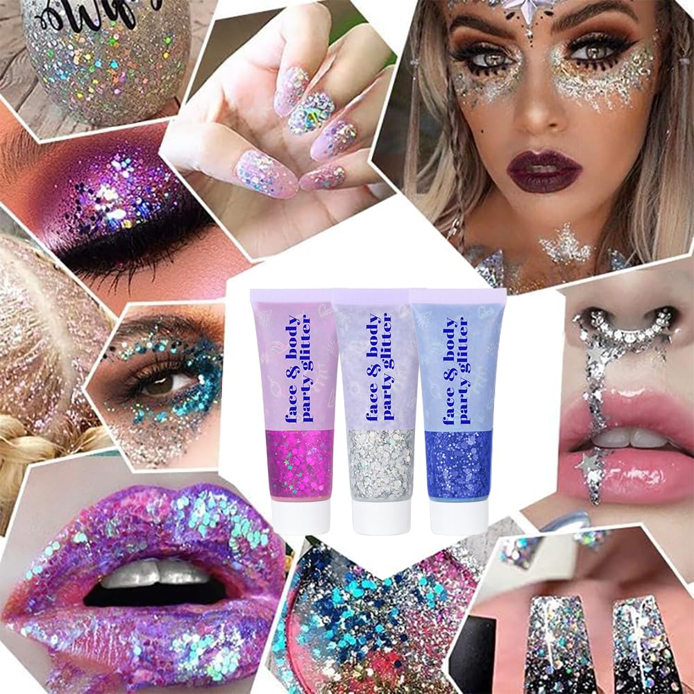 DBEAUTYM 4 Colors Body Glitter Gel, Face & Body Sparkling Holographic Gel, Long Lasting Chunky Sequins Glitters for Eye Lip Hair Nails, Festival Rave Beauty & Personal Care DBEAUTYM