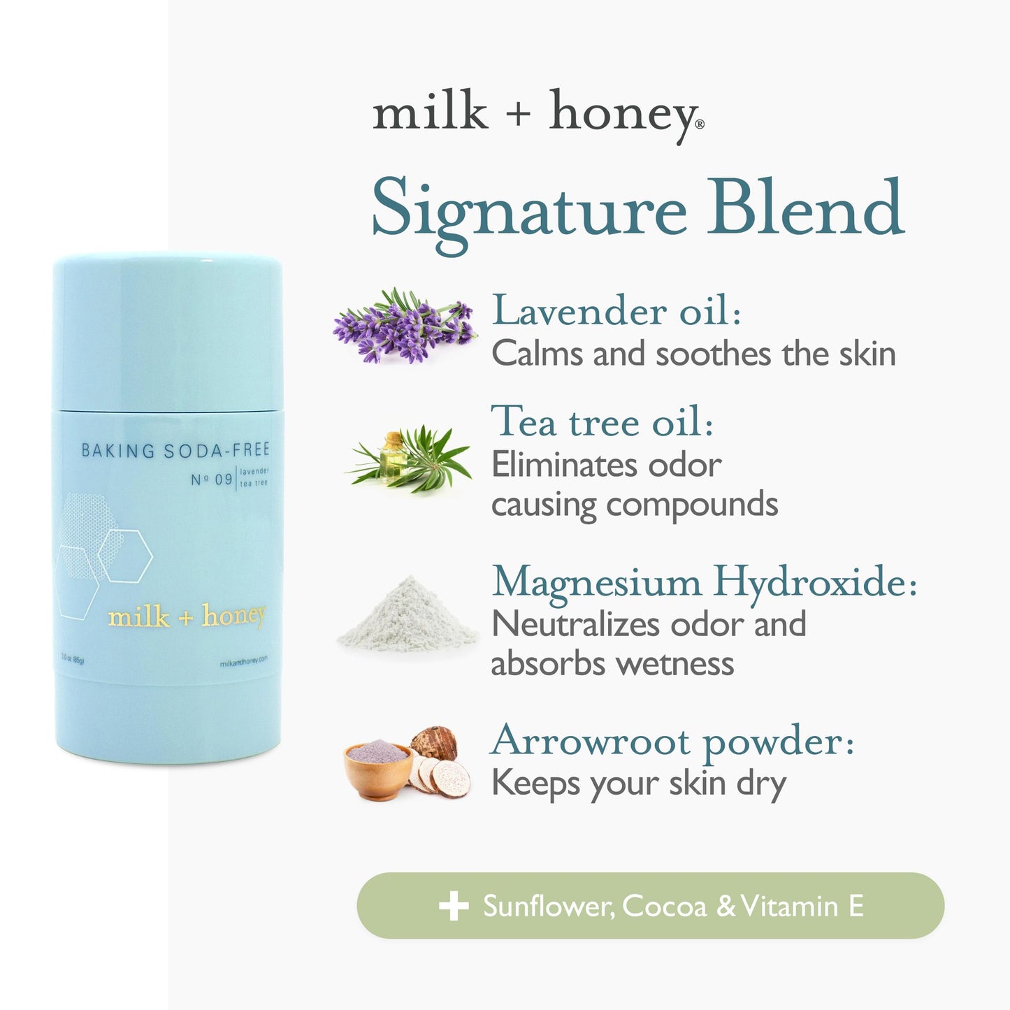 milk + honey Baking Soda Free Deodorant No. 09, Natural Aluminum Free Deodorant for Women and Men, with Lavender and Tea Tree Scent, 2.6 Oz Beauty and Personal Care milk + honey