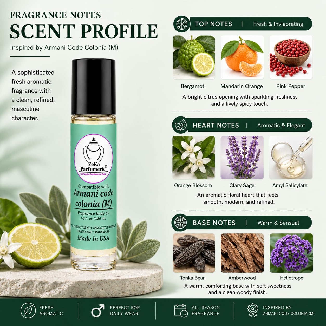 ZEKA PARFUMERIE Compare to Aroma Compatible with Armani Code Colonia for Men Fragrance Body oil on 1/3 oz (9.86ml) size Roll-On Botlle Beauty & Personal Care ZEKA PARFUMERIE