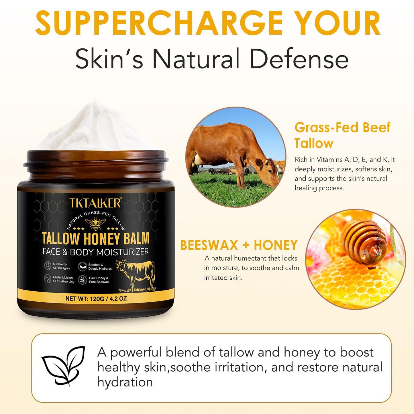 Beef Tallow for Skin, Beef Tallow for Face, Hydrating Tallow Balm with Raw Honey and Beeswax, Grass-Fed Beef Tallow & Raw Wild Honey Blend, Body Beauty and Personal Care TKTALKER