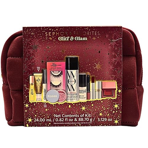 Sephora Glitz & Glam 10 Piece Holiday Gift Set: Makeup, Hair & Skincare Essentials with Red Lipstick, Blush, Powder & Lashes Beauty & Personal Care SEPHORA