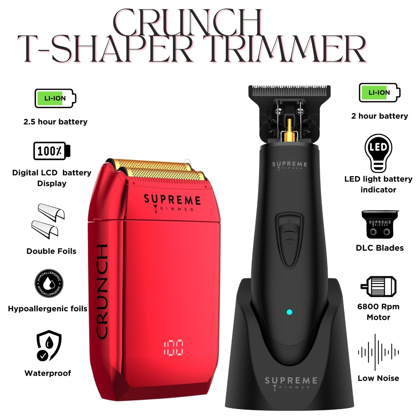 Supreme Trimmer 2-in-1 DLC T-Shaper Trimmer & Crunch Foil Shaver - STF602 Electric Razor & ST5206 Beard Trimmer Barber Haircut Kit - Red Beauty and Personal Care Supreme Trimmer