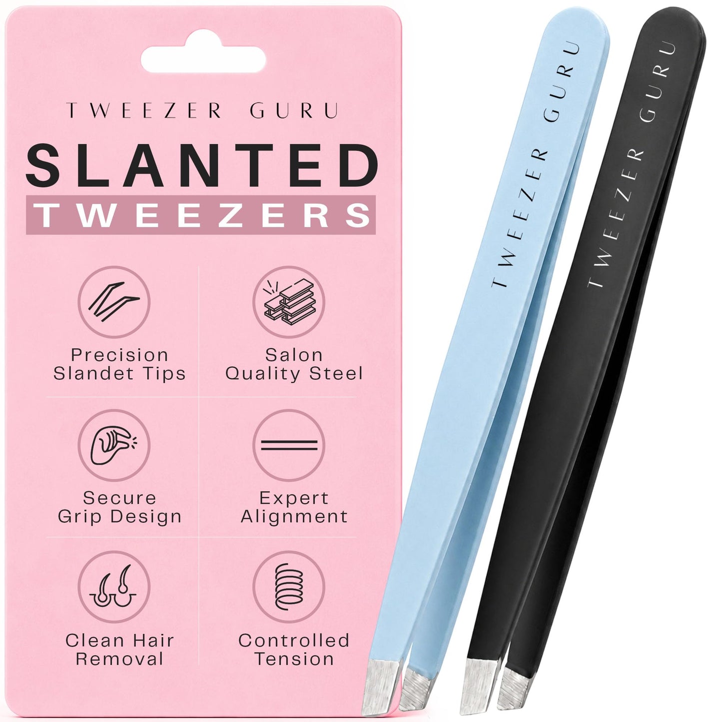 Tweezer Guru Tweezers for Eyebrows - 2 Pack Slant Tip Professional Stainless Steel Eyebrow Tweezers for Women & Men - Great Precision on Brow (Black + Beauty and Personal Care TWEEZER GURU