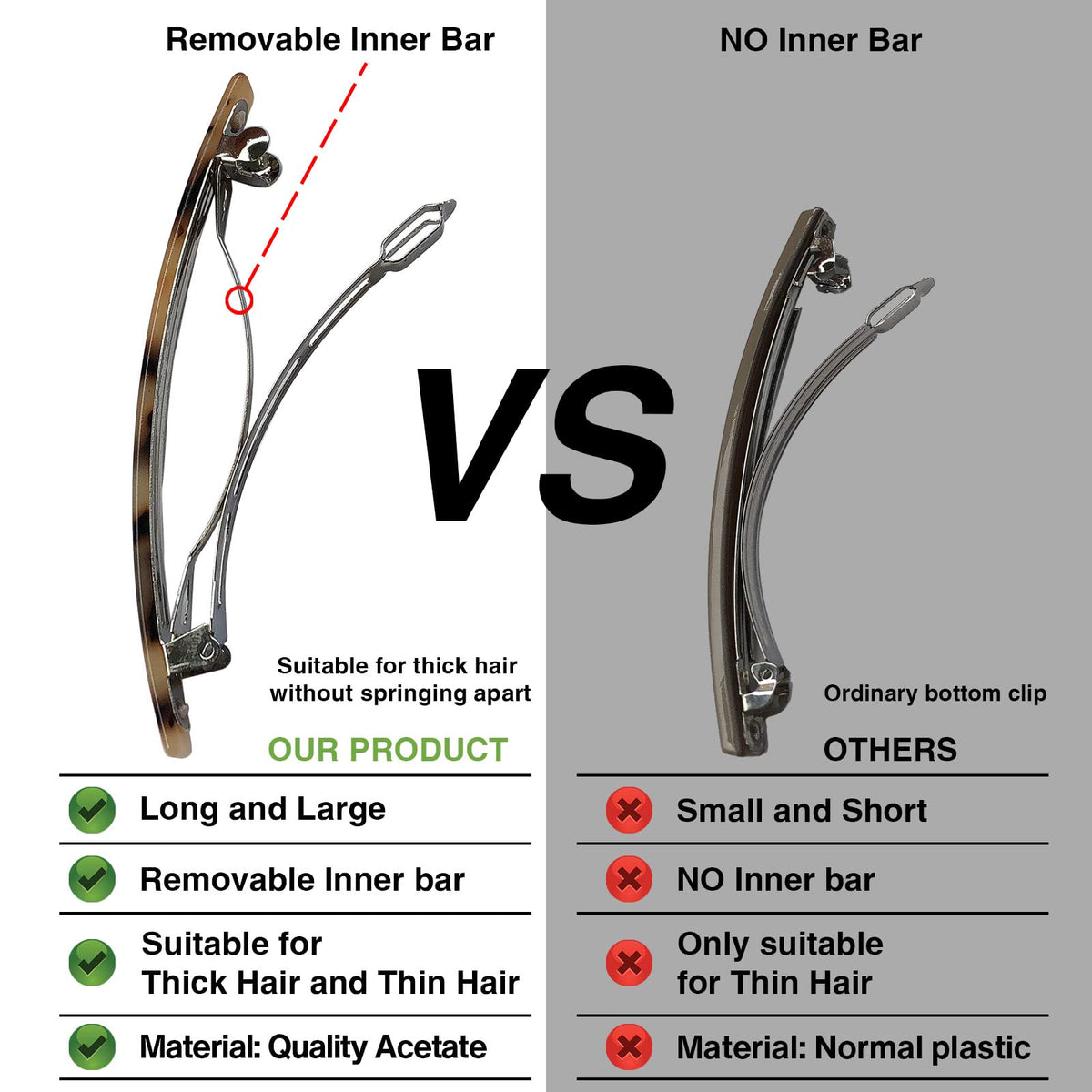 HYFEEL Long French Barrettes for Women Simple Classic Acrylic Resin Hair Clips Tortoise Shell Skinny Large 4 inch No-slip Grip Automatic Clasp Clamp Beauty & Personal Care HYFEEL