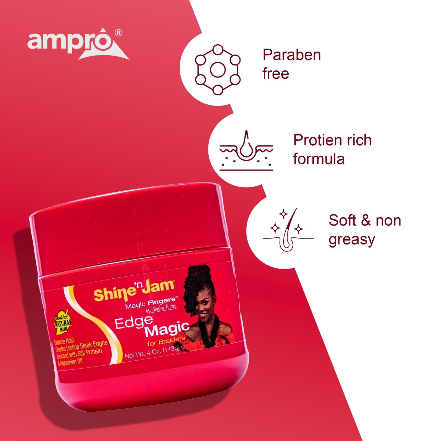 AmPro Shine-n-Jam Magic Fingers Edge Control - Provides Firm Hold with Non-Greasy Shine - Strengthens Hair with Silk Proteins and Softens Beauty & Personal Care AmPro