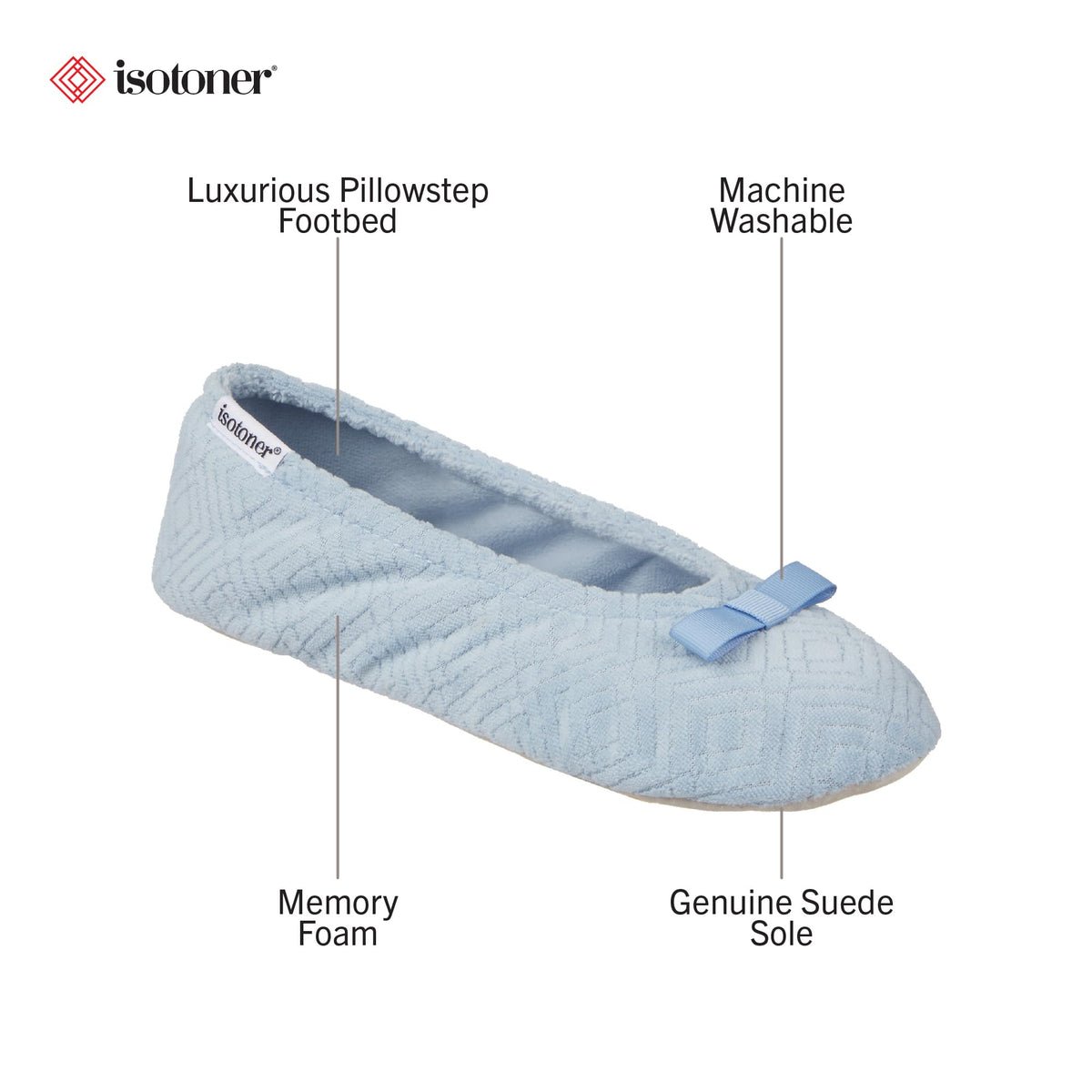 isotoner Women's Diamond Microterry Gemma Ballerina Slippers with Memory Foam Comfort and Genuine Suede Sole, Blue Fog Diamond, 5-6