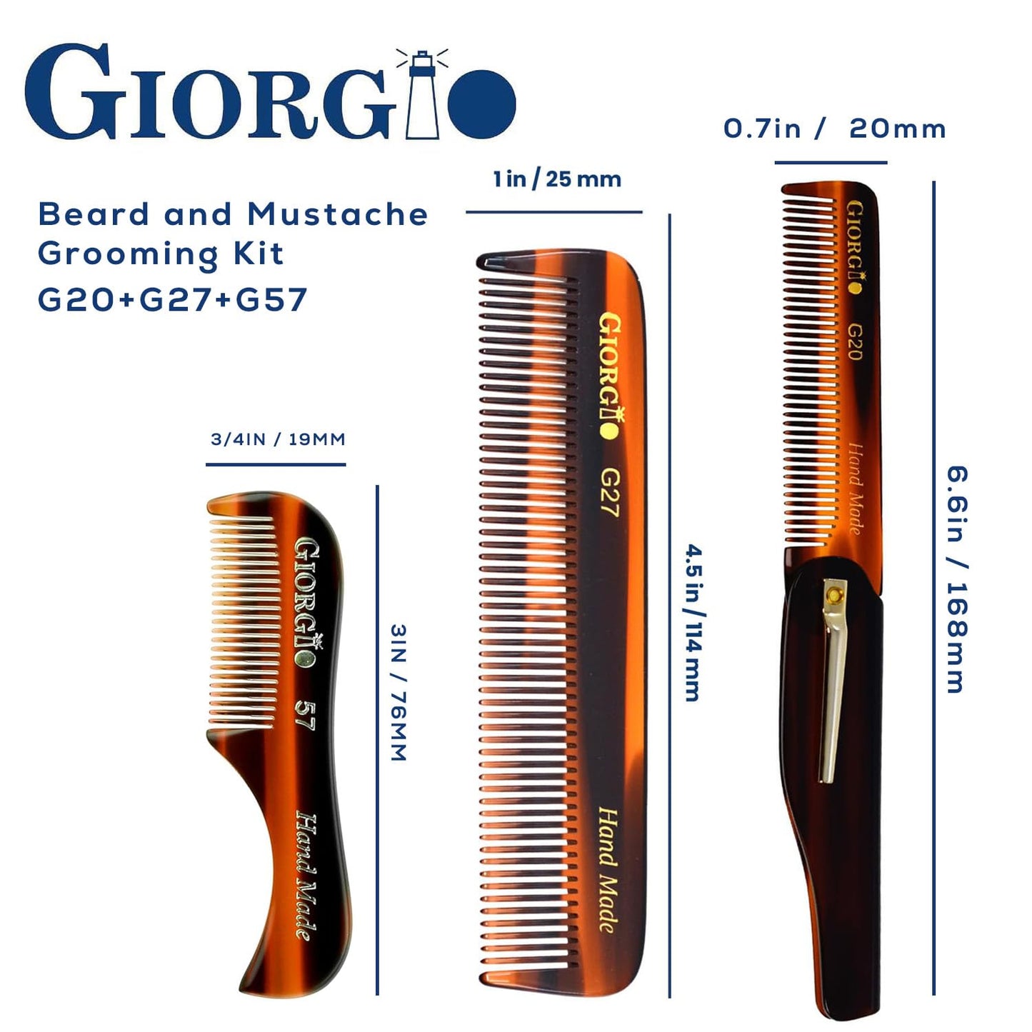Giorgio Tortoiseshell Handmade Pocket Comb Set, Hair Comb Straightener for Everyday Grooming Styling Hair, Mustache and Beard for Men Women and Kids Beauty and Personal Care GIORGIO