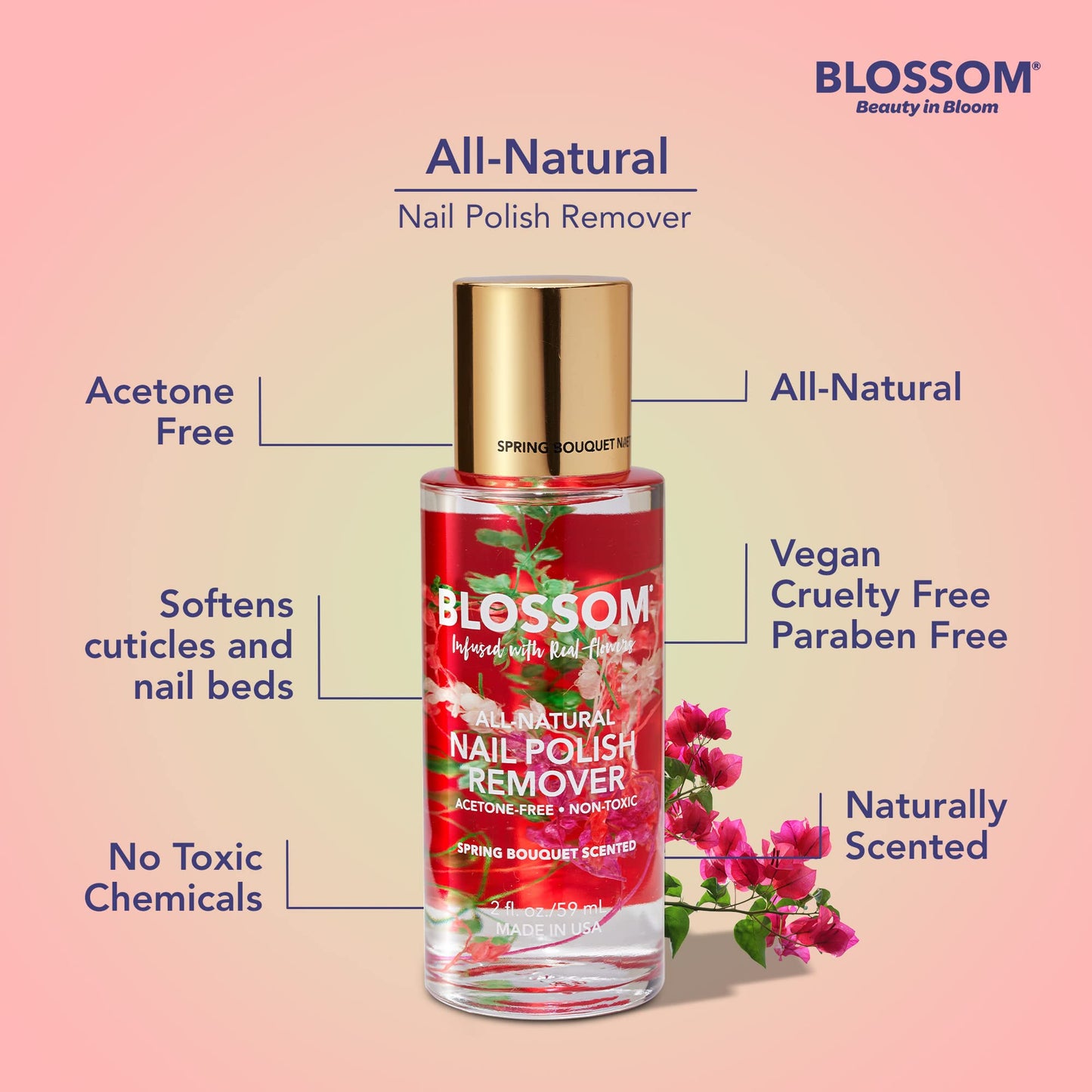 Blossom Non Toxic Nail Polish Remover Non Acetone, All Natural Scented, Vegan, Acetone Free Nail Polish Remover, Organic Plant-Based, Infused Beauty & Personal Care Blossom