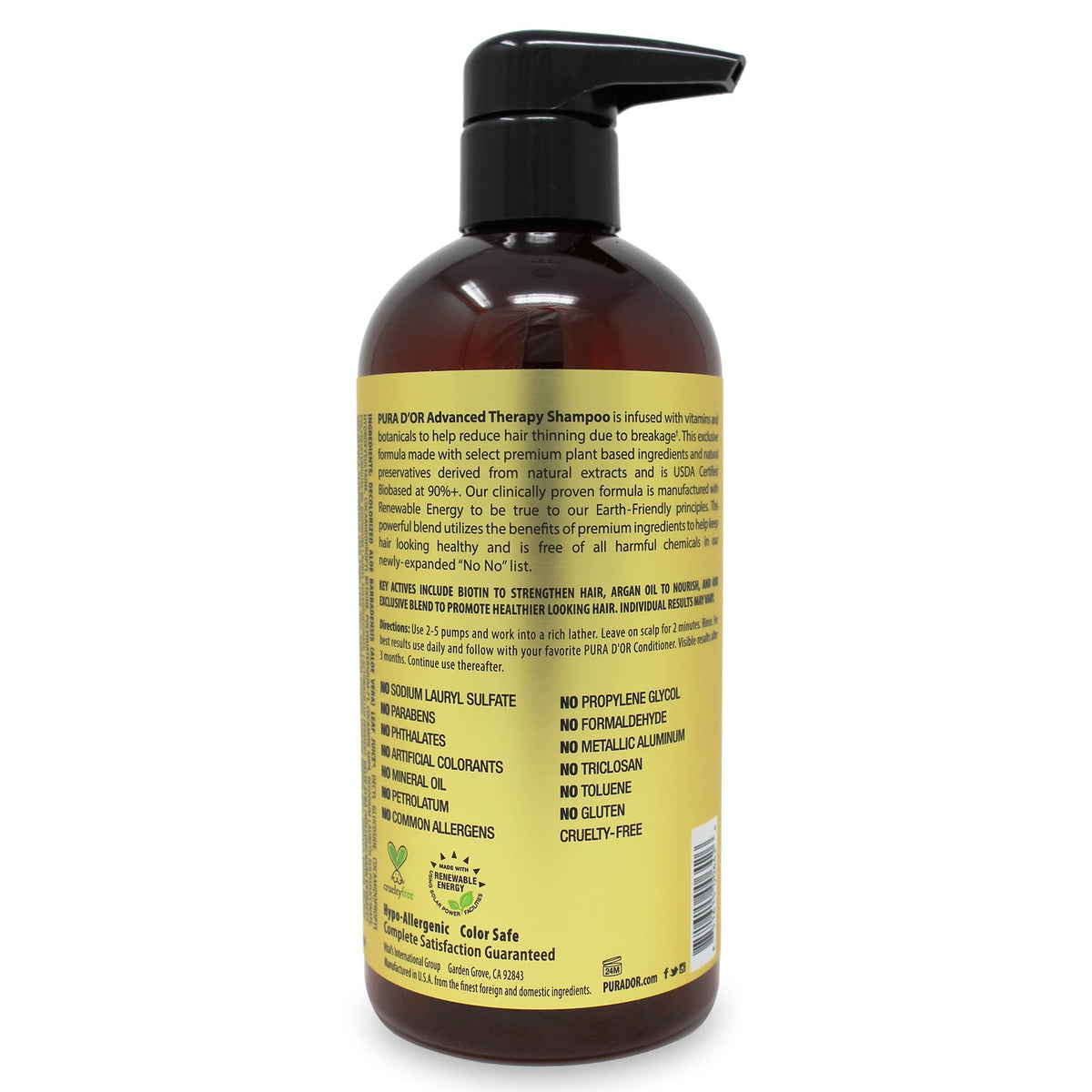 PURA D'OR 16 Oz Advanced Therapy Shampoo Reduces Hair Thinning & Increases Volume, No Sulfate, Biotin Shampoo Infused with Argan Oil, Aloe Vera Beauty & Personal Care PURA D'OR