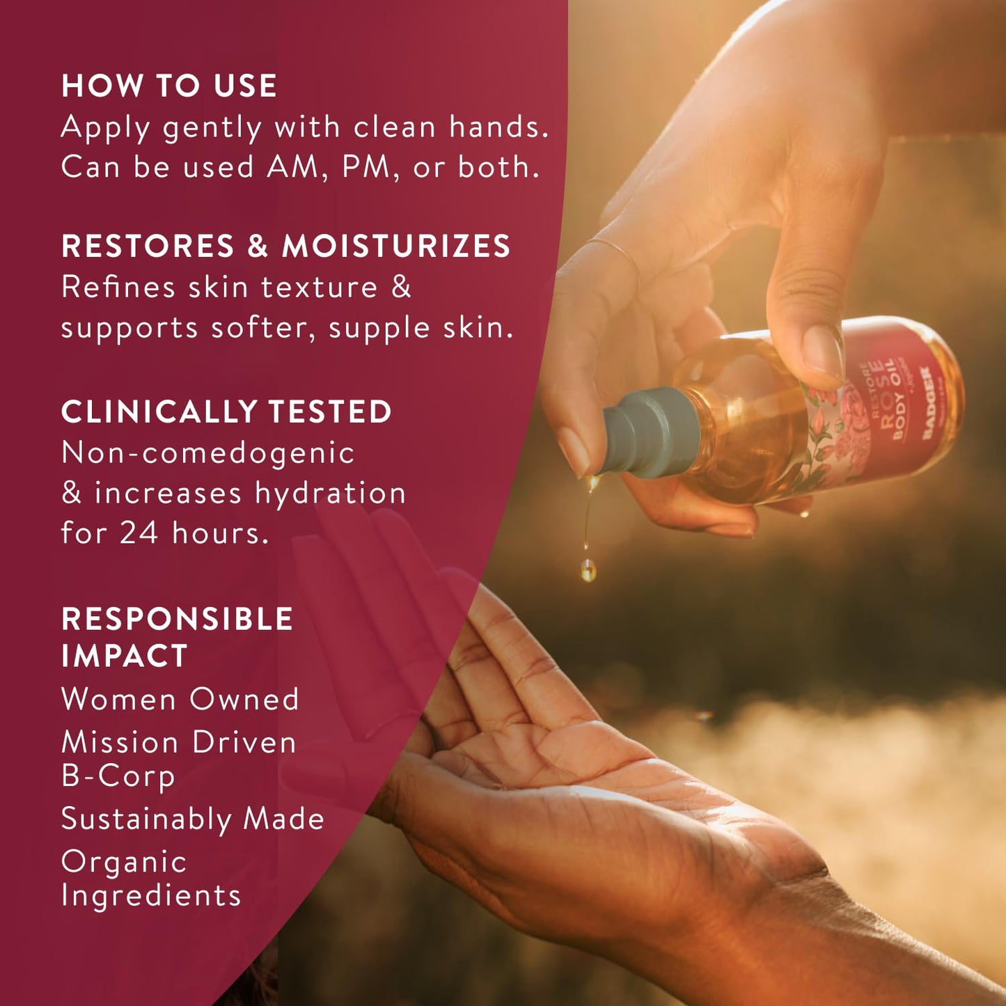 Badger Rose Body Oil, 100% Organic Rose Scented Body Oil, All Natural Body Moisturizer, Organic Jojoba & Rose Oils Soothe Dry Skin, 4 fl oz Glass Beauty & Personal Care Badger