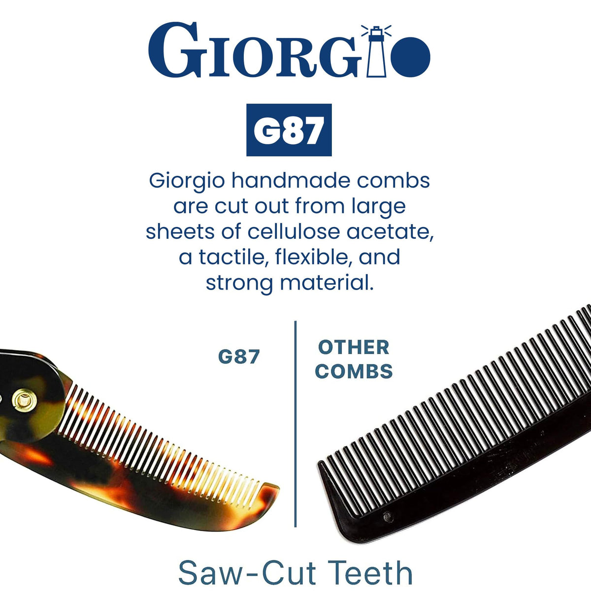 Giorgio G87 Fine Tooth Comb works as a Mustache and Beard Comb for Men - Add to any comb set, Handmade, Saw-cut, Hand Polished Pocket Styling Combs