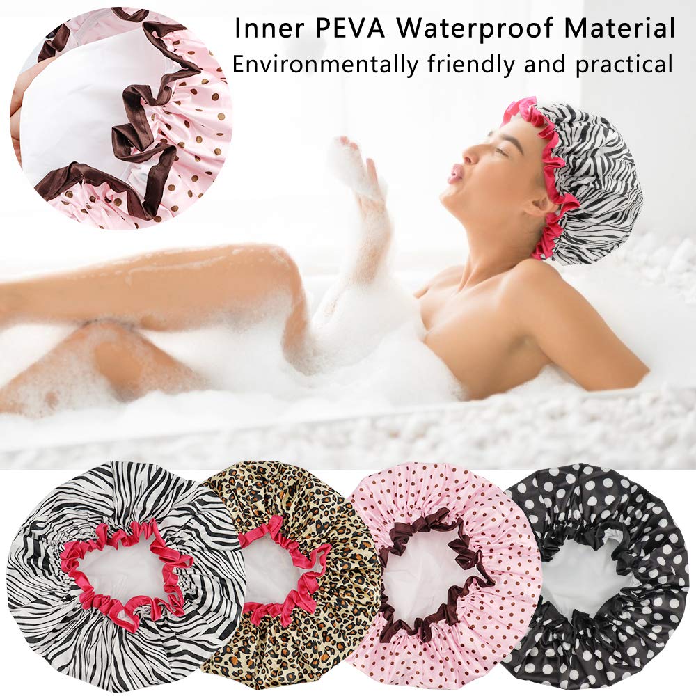 TCOTBE 4 Pieces Shower Cap for Women, Elastic and Reusable, Environmental Protection Hair Bath Caps, Double Waterproof Layers Bathing Hat Beauty & Personal Care TCOTBE