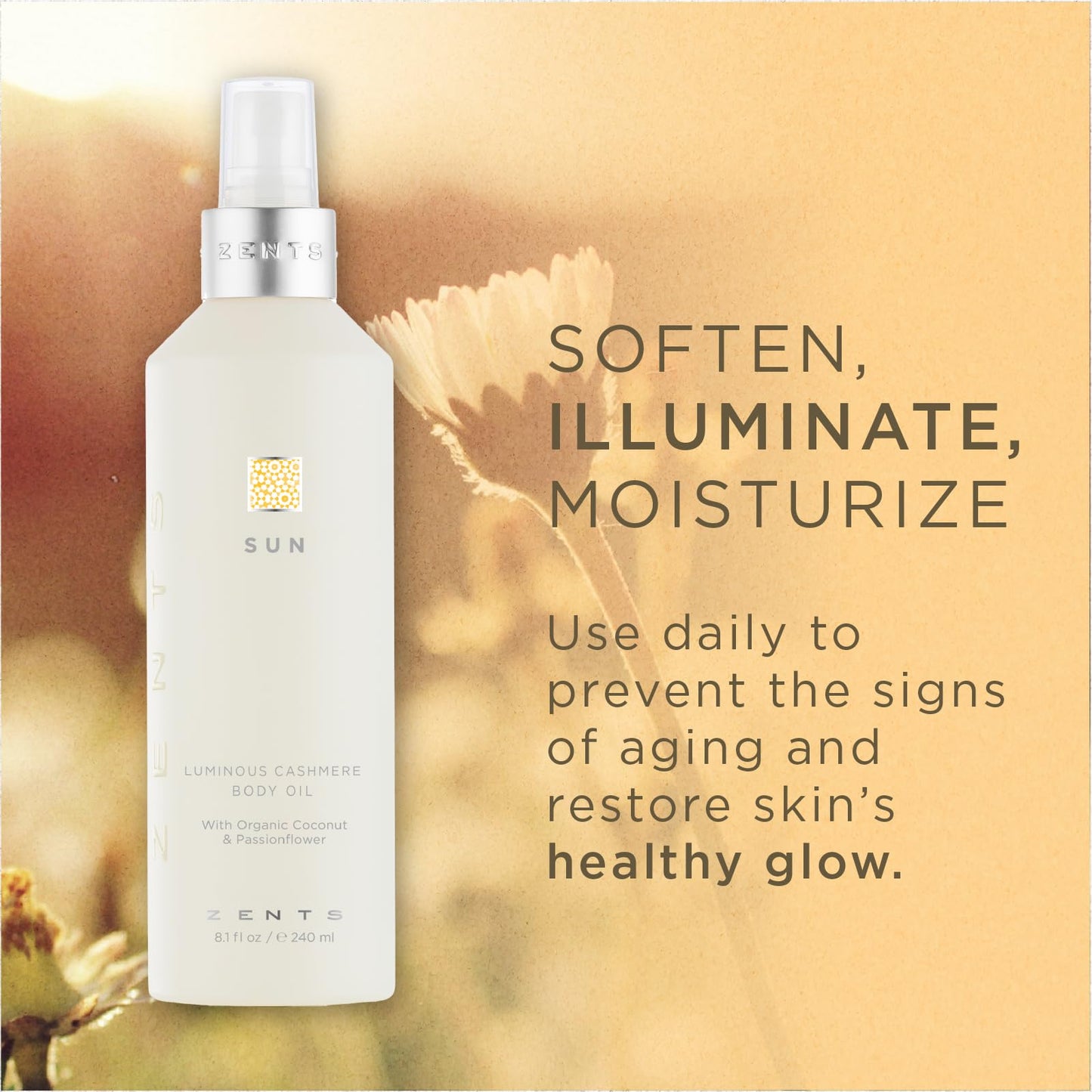 Zents Luminous Cashmere Body Oil (Sun Fragrance) | Moisturizing Body Oil with Vitamin E & Organic Coconut Oil | Softens & Smooths Skin | 8 fl oz Beauty & Personal Care Zents