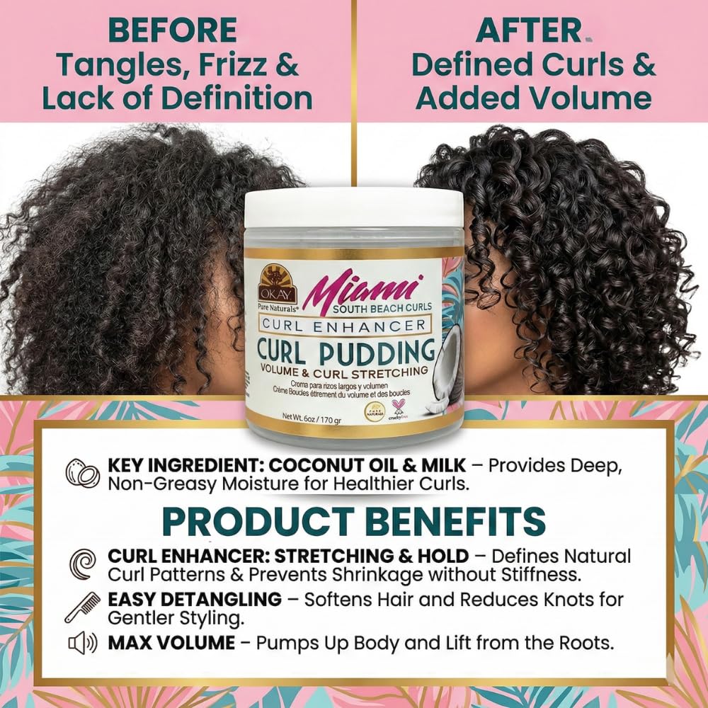OKAY Miami South Beach Curls Curl Enhancer Curl Pudding 6 oz - Moisturizing Curl Defining Cream for Curly, Coily & Wavy Hair - Frizz Control, Deep Beauty & Personal Care OKAY