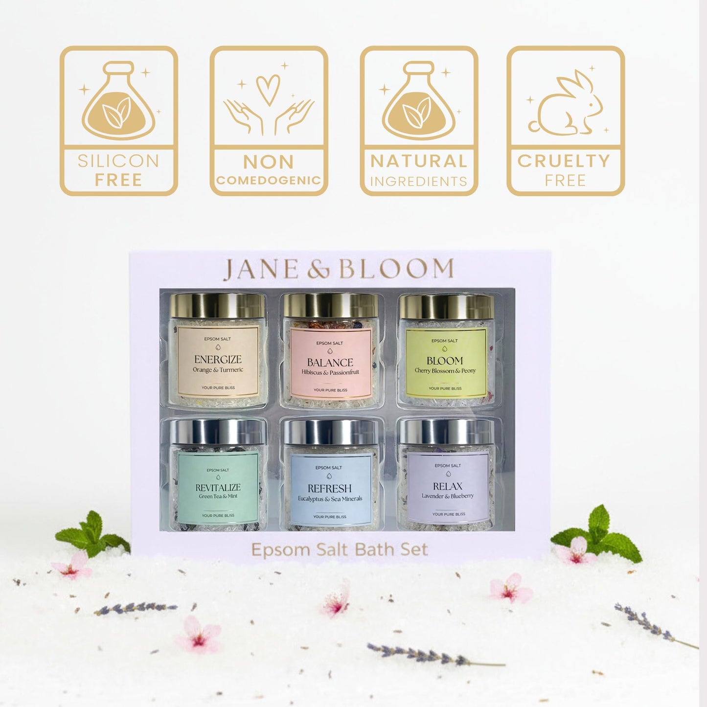 Epsom Salt Bath Gift Set - 6 Aromatherapy Blends with Essential Oils - Bath & Body Gift Set for Women, Stress Relief, Self Care, Birthday Gifts - Jane Beauty and Personal Care Jane & Bloom