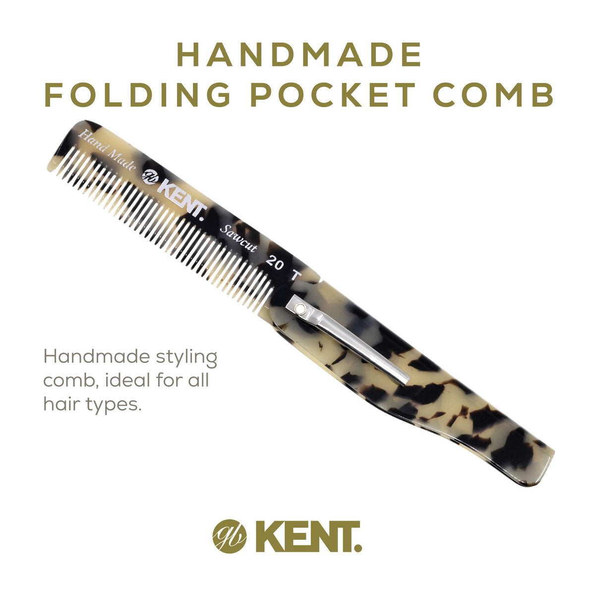 Kent 20T TW Handmade Folding Pocket Comb for Men, Fine Tooth Hair Comb Straightener for Everyday Grooming Styling Hair, Beard or Mustache, Use Dry or
