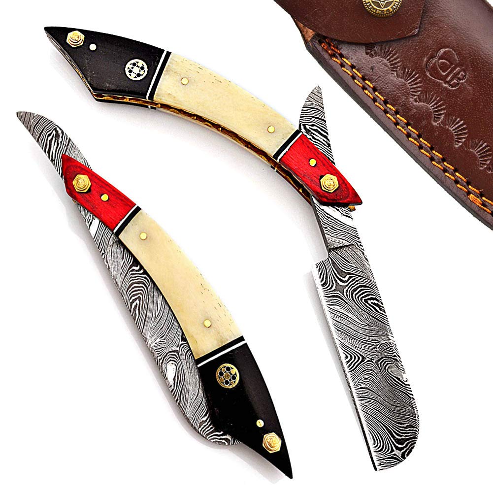 Damascus Steel Straight Razor Folding Razor With Shaving Ready Classic Barber Blade Edge, Men Straight Razor, Leather Case + Strop, Close Shave, Great Beauty and Personal Care Strong Edges
