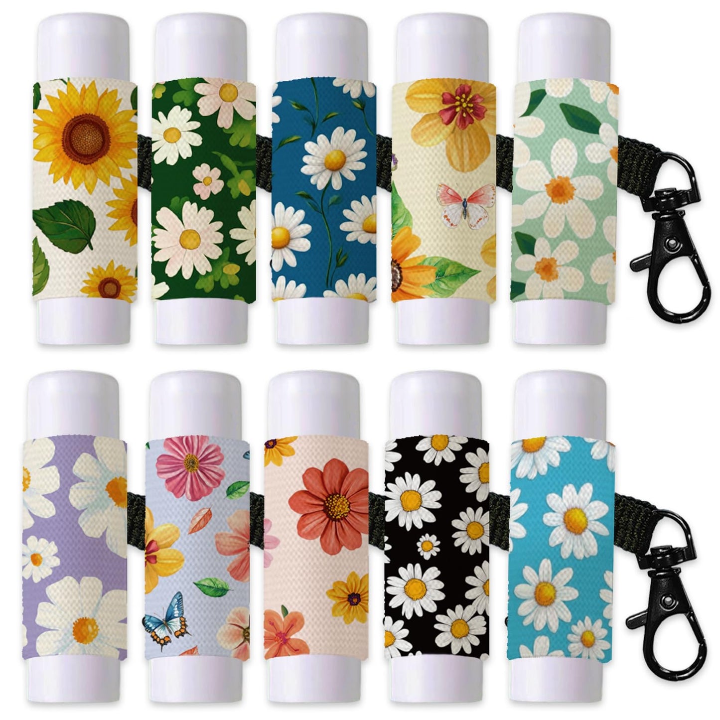 DELORIGIN 10pcs Daisies Flowers Lip Balm Holder Keychain Sunflowers Butterflies Lipstick Sleeves with Metel Clasp Chapstick Elastic Sleeves Lip Gloss Beauty and Personal Care DELORIGIN
